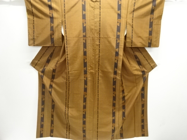 アンティーク　縞に番傘模様織り出し手織り紬着物